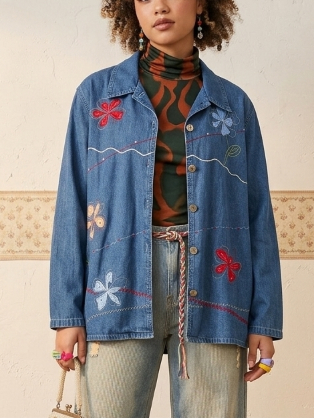 Bobbie Brooks Vintage Embroidered Denim Button-Down Shirt, Size L